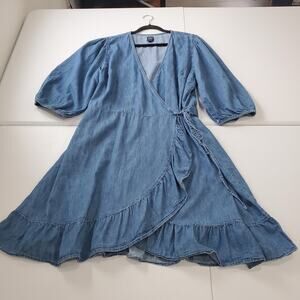 Gap Dress Womens XXL Tall Blue Denim Wrap Ruffle Midi V Neck Puff Sleeve Casual